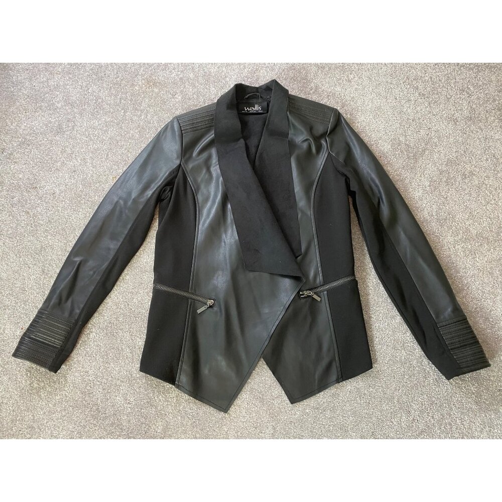 Wallis Black Faux Leather Waterfall Blazer Jacket Zipper Details Size 6